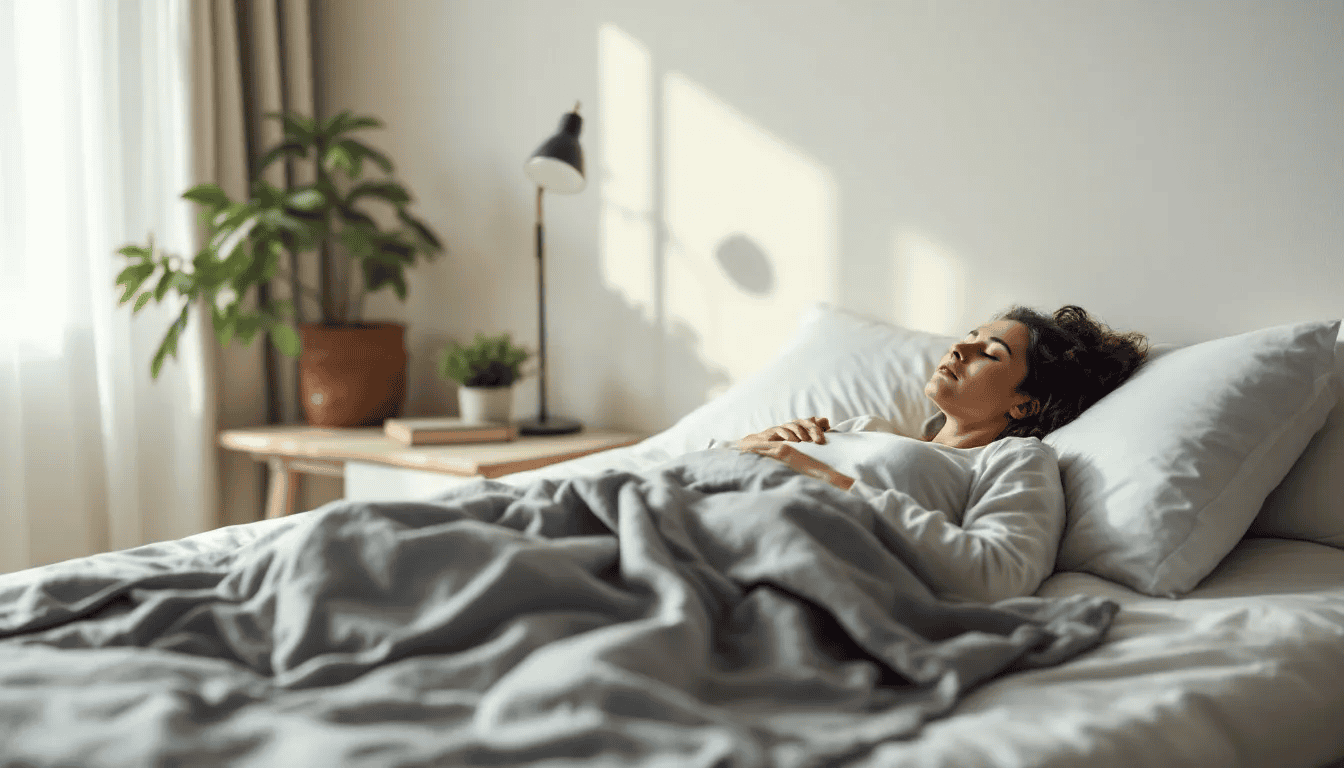 A person is peacefully sleeping in a well-organized bedroom, which symbolizes the foundations of healthy stress management and mental health. The serene environment reflects effective strategies to manage stress and cope with daily life challenges, promoting overall well-being.