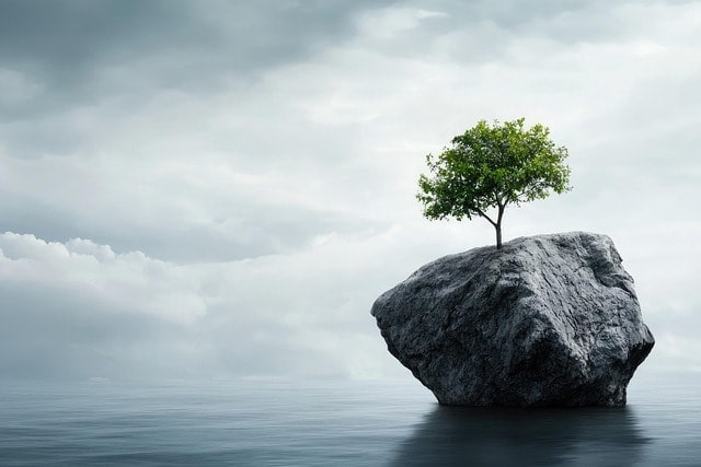 Tree on a big rock in the middle of water. 
