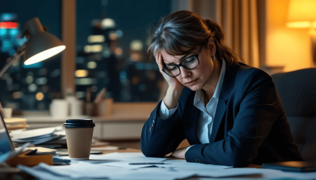 A tired and overwhelmed busy professional sits at a cluttered desk, surrounded by a long to-do list and a computer screen filled with emails, illustrating the challenges of managing stress in daily life. The image captures the essence of chronic stress, highlighting the importance of mental health and effective stress management techniques to cope with feelings of anxiety and being overwhelmed.