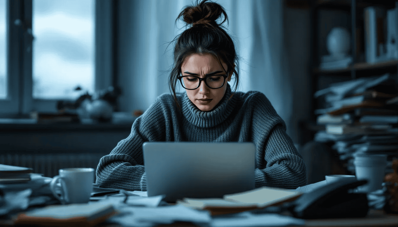 In the image, a person appears overwhelmed, sitting at a cluttered desk with a long to-do list and a laptop, illustrating the experience of chronic stress in daily life. The scene highlights the impact of stressful situations on mental health and the importance of managing stress through techniques like deep breathing and regular exercise.