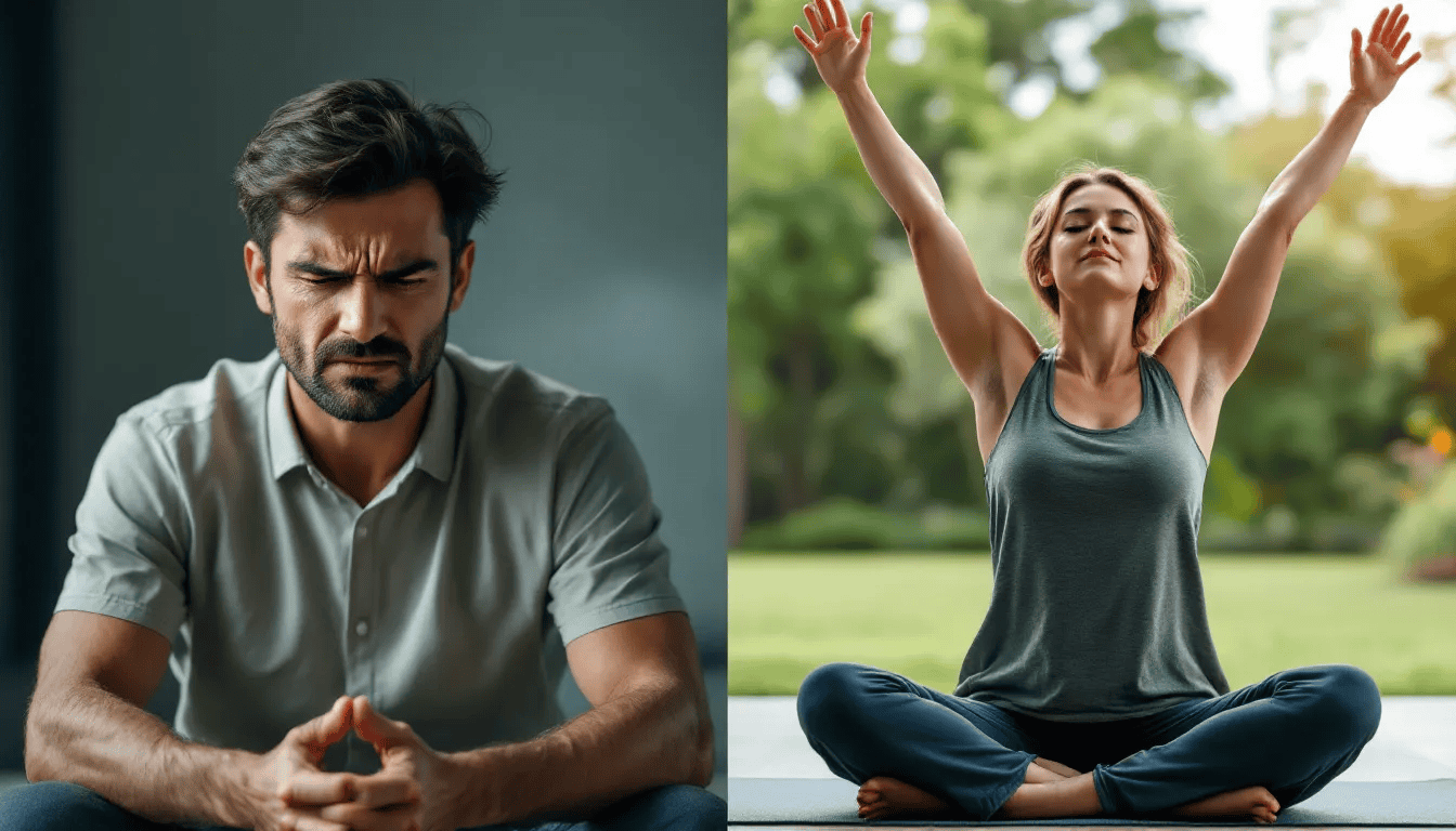 In the split image, one person appears agitated while attempting to meditate, highlighting the difficulty in managing stress in everyday life, while the other person looks calm and engaged in physical activity, demonstrating a positive approach to stress management and coping with anxiety. This contrast illustrates the different ways individuals can respond to stressful situations and the importance of finding effective relaxation exercises to promote mental health and well-being.