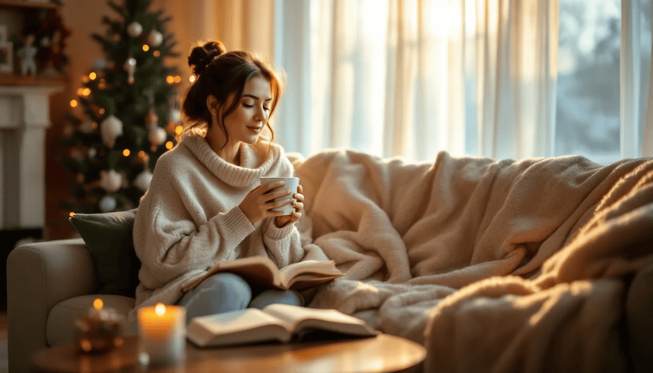 The image depicts a serene setting for self-care during the holiday season, featuring a cozy nook with a warm blanket, a steaming cup of herbal tea, and calming candles, emphasizing the importance of reducing stress and maintaining mental health amidst the hustle of gift giving and family gatherings. This peaceful scene encourages individuals to practice healthy habits and prioritize their well-being during what can often be a stressful time filled with high expectations and family conflicts.