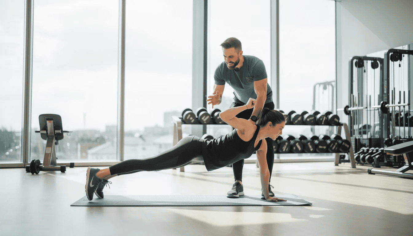 A personal trainer is actively working with a client in a bright and spacious gym, showcasing an engaging workout session. This scene highlights the importance of specialized services in the fitness industry, which can be a lucrative business idea for aspiring entrepreneurs looking to attract clients and build a successful business.
