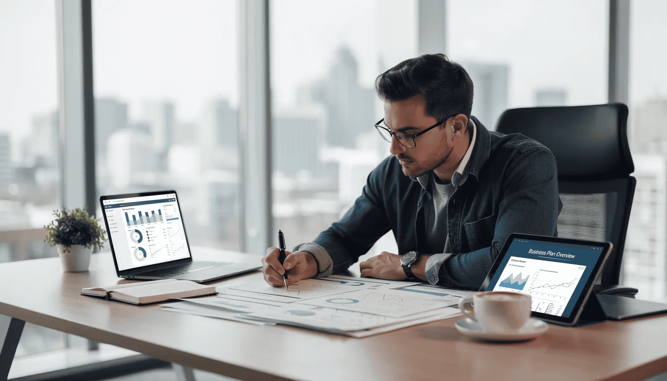 A focused entrepreneur is seated at a desk, reviewing detailed business plan documents, contemplating strategies for their own business. This scene reflects the diligent preparation necessary for aspiring entrepreneurs to launch a successful business and attract clients in a competitive market.