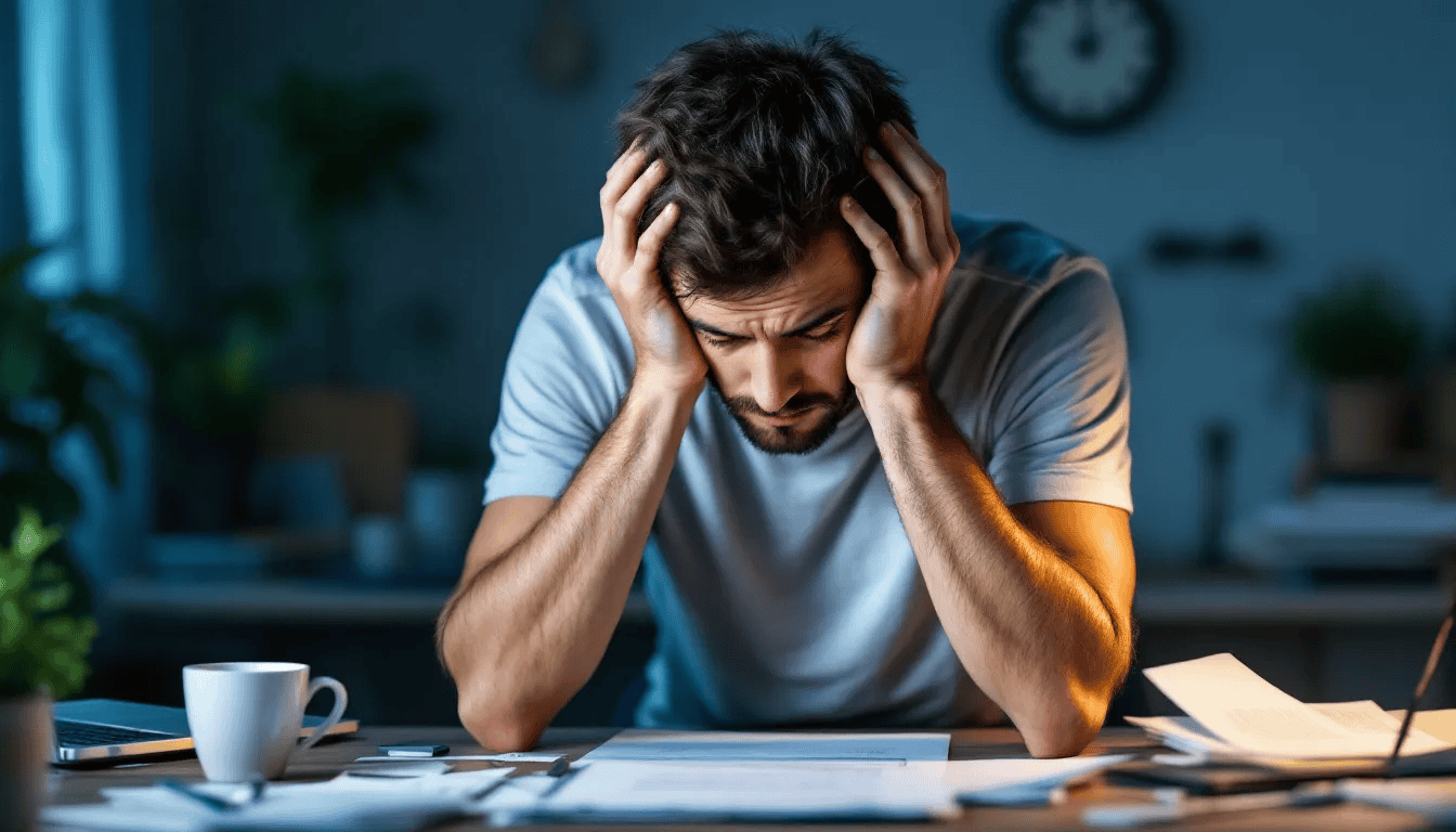 A person is holding their head with a pained expression, visibly showing signs of stress and fatigue, which may include symptoms such as increased heart rate and feelings of being overwhelmed. This image highlights the impact of chronic stress on mental health, emphasizing the need for effective stress management strategies.