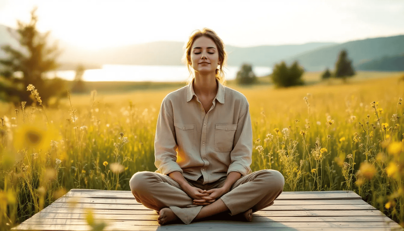 A person is sitting cross-legged on a soft mat in a serene environment, practicing deep breathing exercises to manage stress and relieve symptoms of anxiety. The peaceful setting suggests a focus on mental health and stress management, promoting relaxation and emotional well-being.