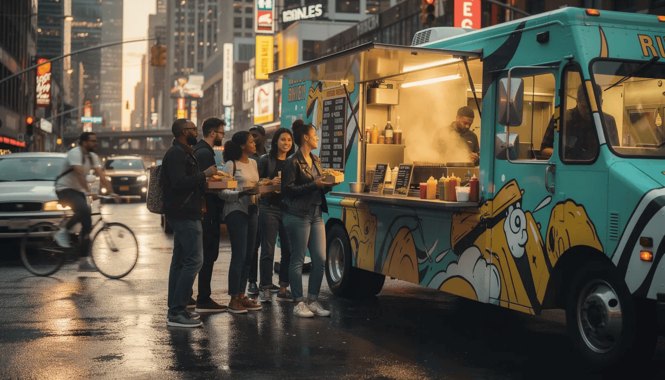 A vibrant food truck is parked in a busy urban area, with customers eagerly lining up to order delicious food. This scene captures the essence of small business owners in action, showcasing a successful business idea that attracts clients in a thriving market.