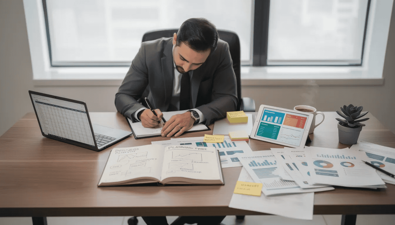 An entrepreneur sits at a desk surrounded by business planning materials, including a detailed business plan and market research notes, as they strategize for their own business. The workspace reflects a focus on developing profitable business ideas and understanding potential customers in the market.