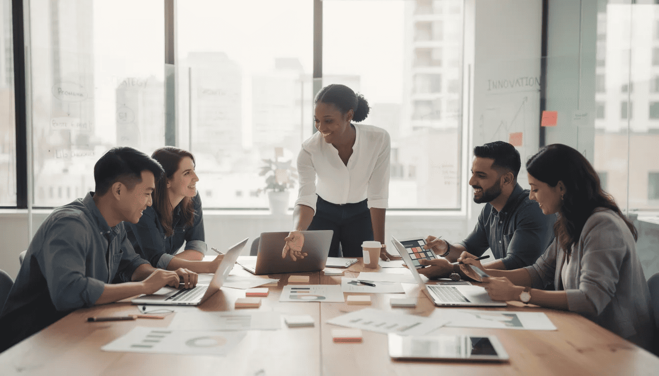 A diverse group of entrepreneurs collaborates in a modern workshop, surrounded by laptops and business documents, as they develop their entrepreneurial skills and innovative ideas for profitable businesses. This immersive experience supports participants in creating scalable ventures and prepares them for future employment opportunities in a dynamic market.