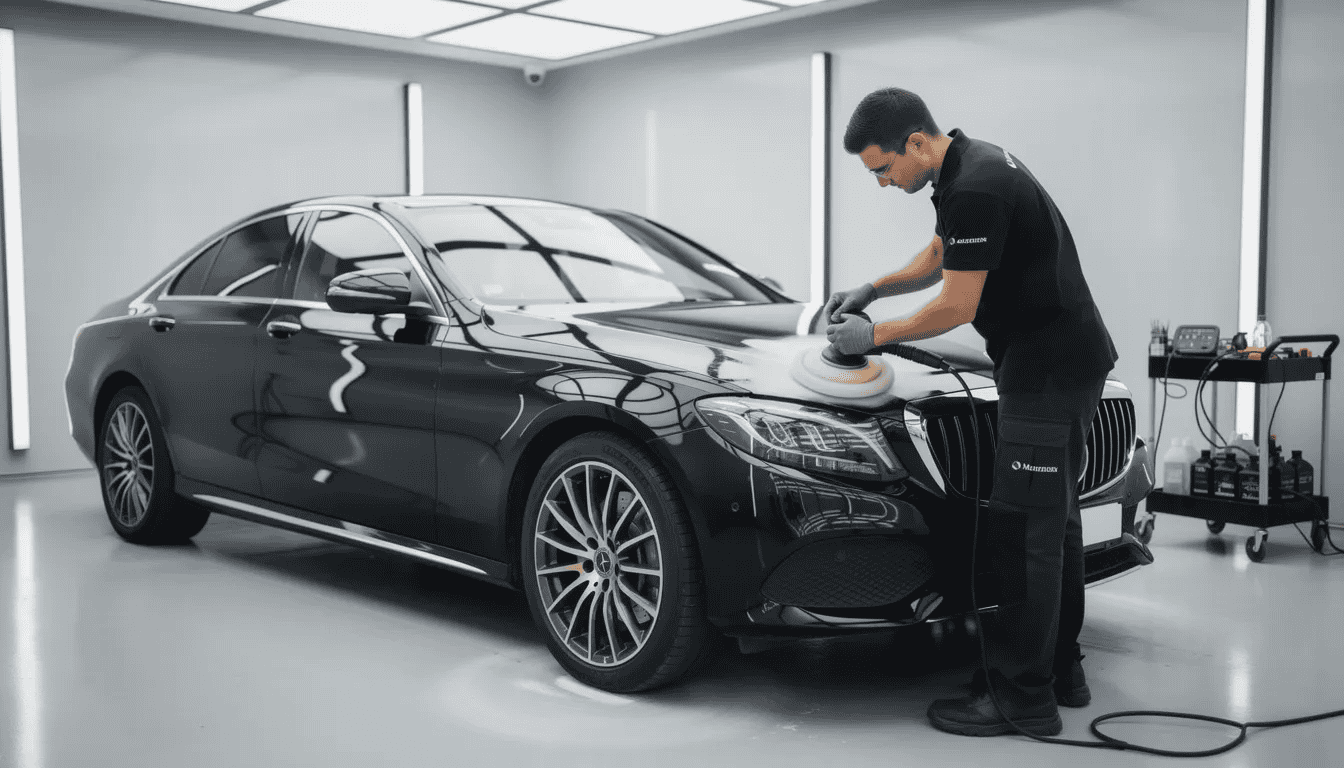 A professional car detailing service is meticulously cleaning a luxury vehicle, showcasing specialized services tailored for busy professionals. This booming business idea highlights the potential for aspiring entrepreneurs to attract clients and establish a successful business in the growing industry of automotive care.