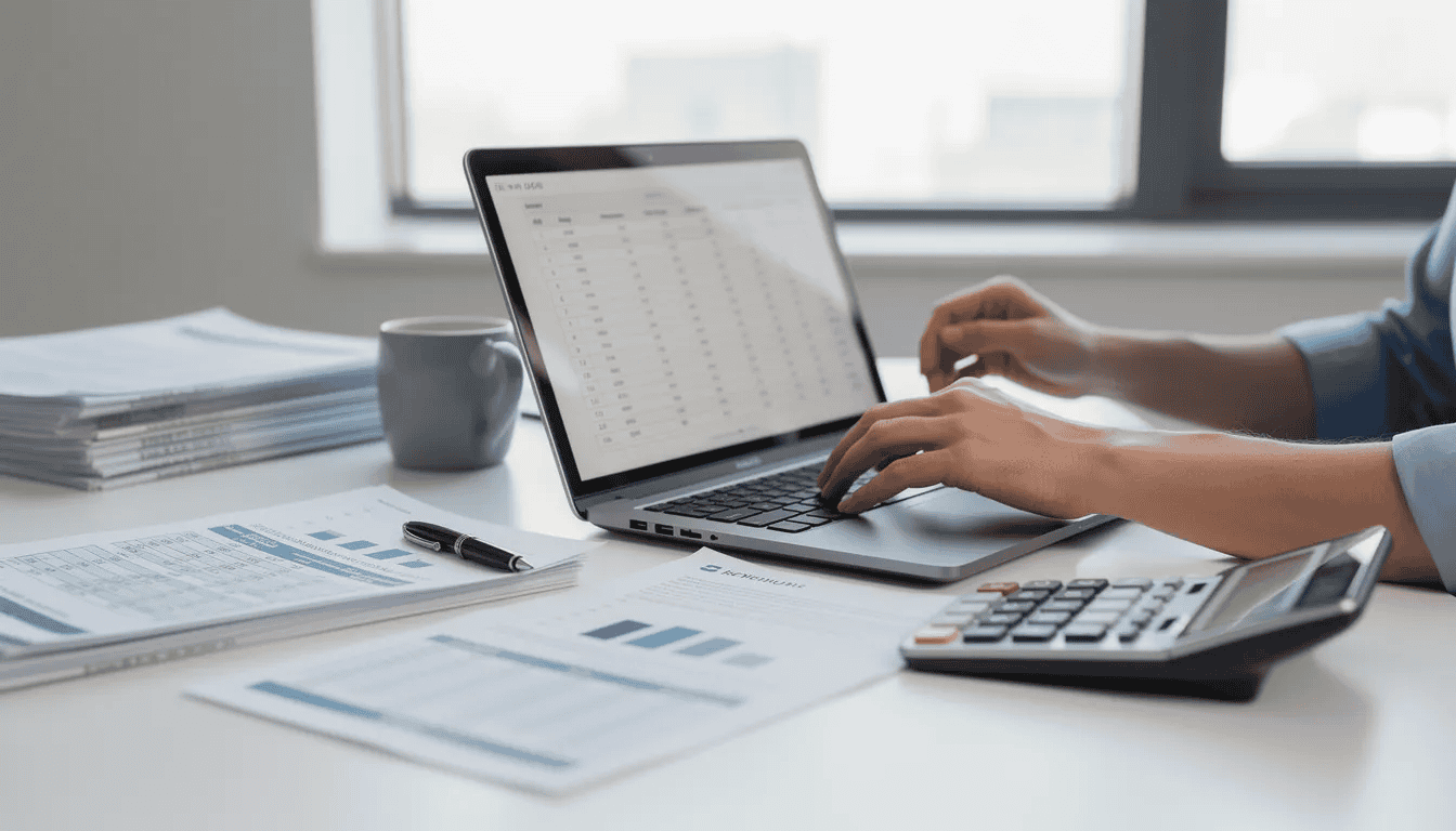 A business owner is setting up a financial workspace, featuring a laptop, calculator, and various banking documents, essential for managing their small business operations and creating a detailed business plan. This organized setup reflects the steps many business owners take to ensure their business ownership is successful and profitable.