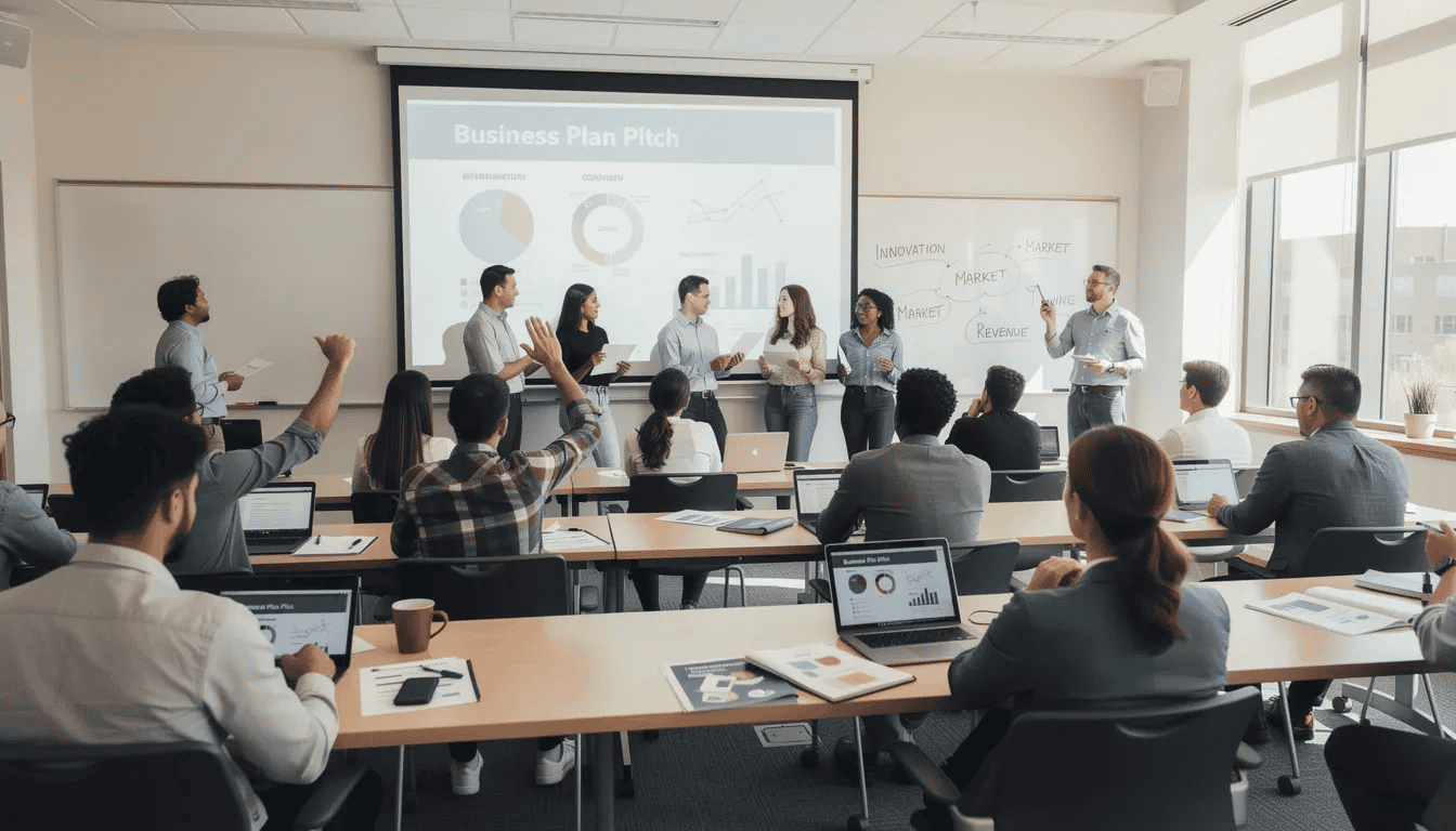 A university classroom filled with students actively participating in an entrepreneurship development program, where they present their business plans, showcasing their innovative ideas for profitable businesses and startups. The environment fosters the development of entrepreneurial skills and teamwork, preparing them for future employment opportunities and self-employment ventures.