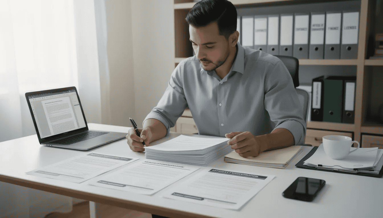 A business owner is sitting at a desk, intently reviewing legal documents and business registration forms, which are essential for starting a successful business. The scene highlights the importance of a detailed business plan and understanding the legal structure necessary for effective business operations.