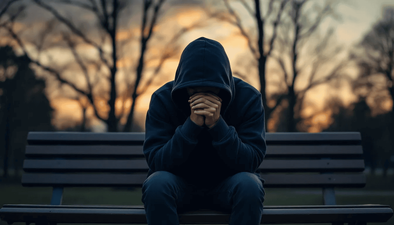 In the image, a person sits on a couch, looking overwhelmed and anxious, embodying the struggle with mental health and stress addiction. Their posture suggests a constant state of stress, reflecting the physical signs and symptoms of chronic stress, such as fatigue and difficulty sleeping.