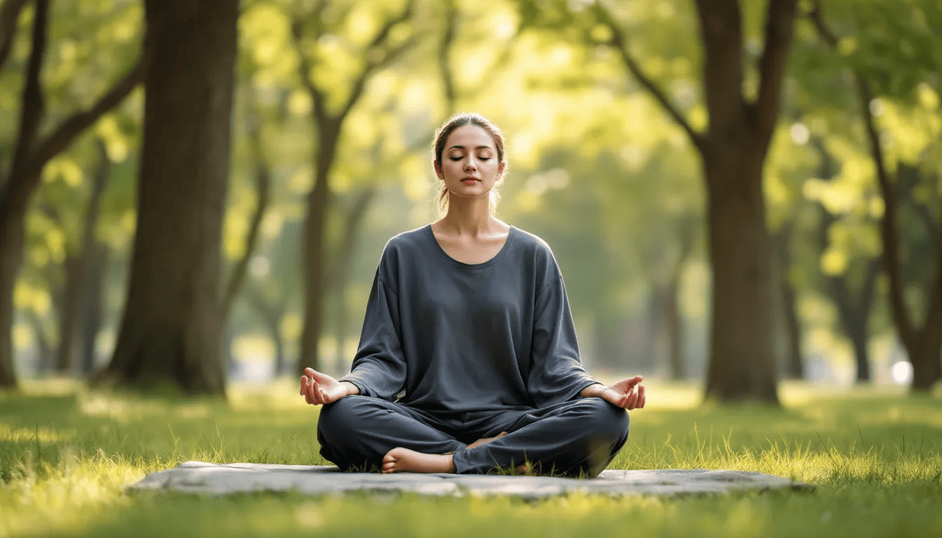 A person is sitting peacefully in a meditation pose outdoors, surrounded by nature, embodying a balanced life and a serene approach to managing stress. This tranquil scene highlights the importance of self-care and coping skills in combating chronic stress and promoting mental health.
