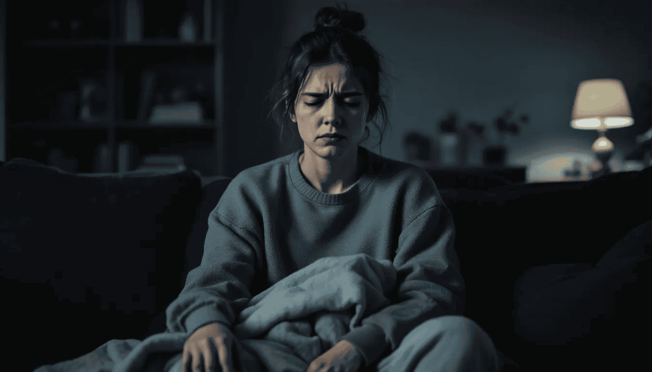 The image depicts a person sitting with a distressed expression, showing physical signs of discomfort and fatigue, likely due to chronic stress. Their body language suggests they are feeling anxious and overwhelmed, indicative of a stressful situation that may lead to health problems if not addressed.
