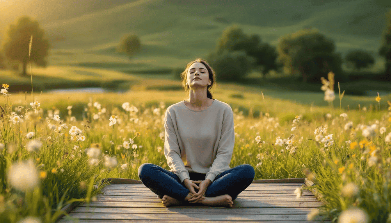 A person is sitting cross-legged in a serene environment, practicing deep breathing exercises to manage stress and promote mental health. The peaceful setting reflects a balanced life, helping to reduce the physical signs of chronic stress and support overall well-being.